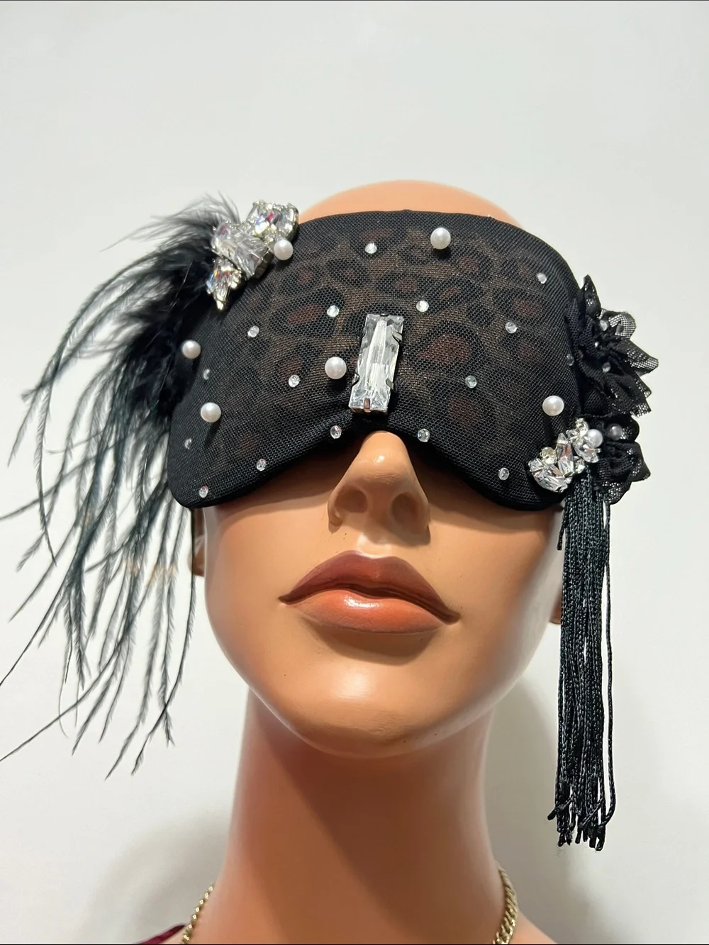 Black Embellished Feathered Masquerade Eye Mask